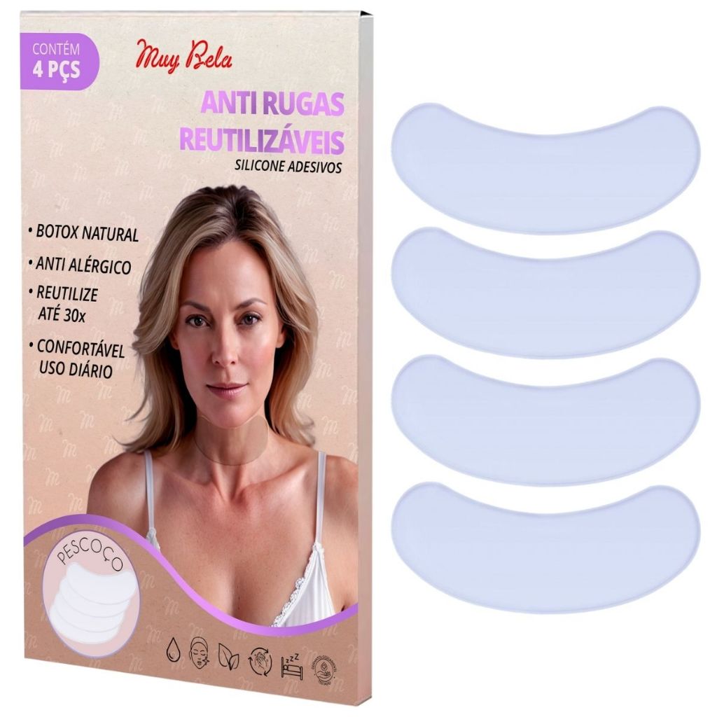 (Kit com 4) Anti Rugas Para Pescoço Adesivo Pad Muy Bela Estimulador de Colágeno Natural Marcado Botox Natural Marcas