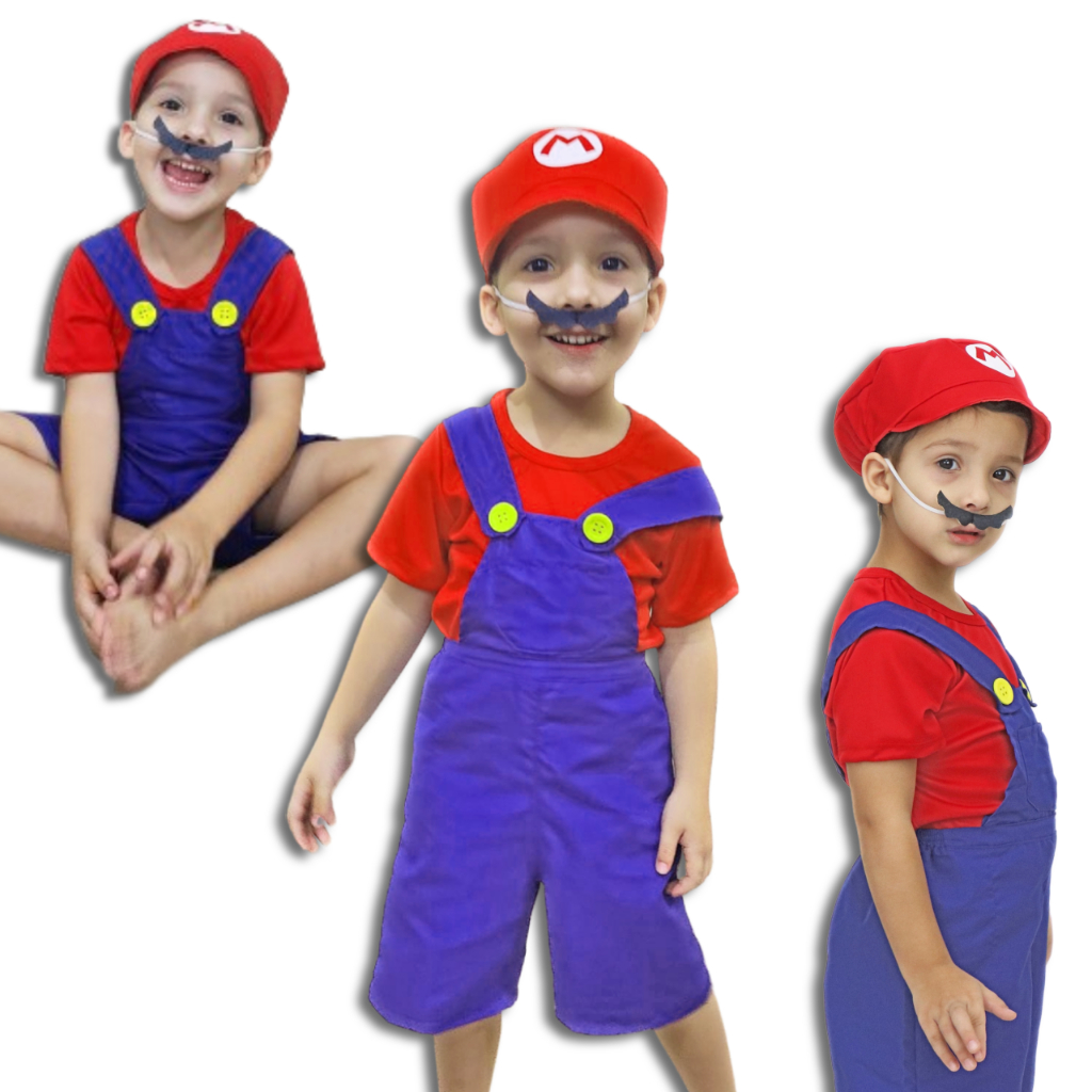 Fantasia Infantil Super Mario Bros FIlme Roupa do 03 ao 10 Com Boné Quepe