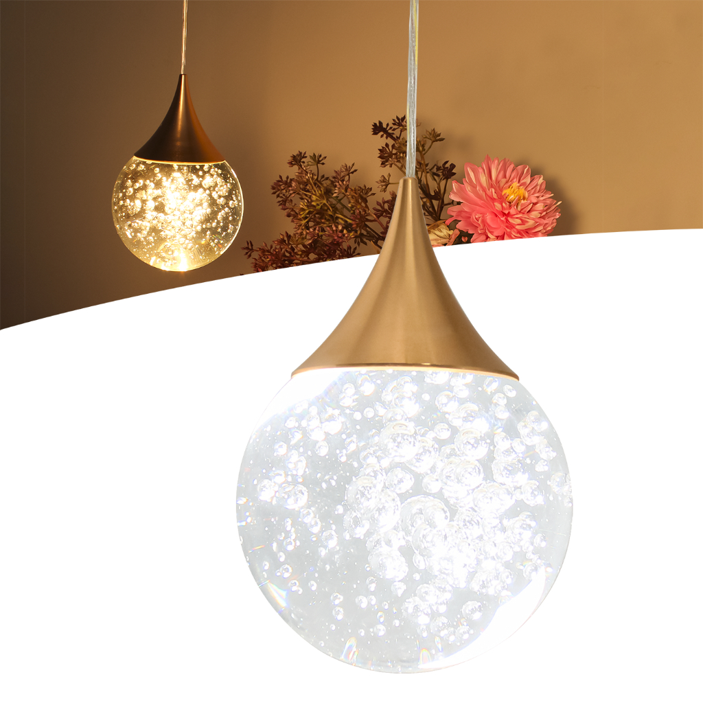 Luminária Pendente Cúpula Cristal Bolhas Dourado Led Pd20