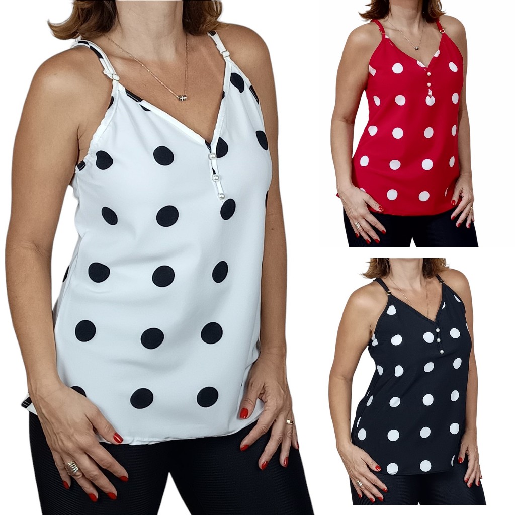 Blusa Feminina Bolinha Alcinha Alça Regulável Botão Pérola Poá