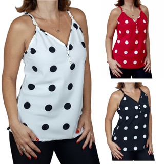 Blusa Feminina Bolinha Alcinha Alça Regulável Botão Pérola Poá