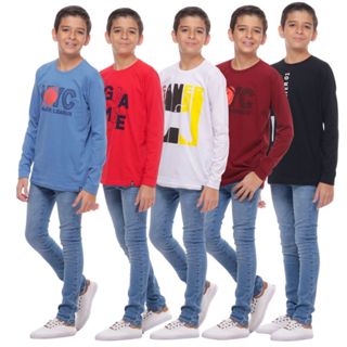 Kit 5 Camiseta Infantil Manga Longa Menino Juvenil 10 12 14 e 16 anos em Oferta na Shopee