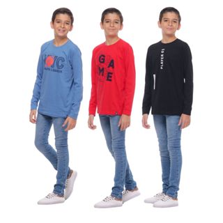 Kit 3 Camiseta Manga Longa Masculino Infantil Meninos em Oferta na Shopee
