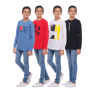 Kit 2 Camisa Camiseta Infantil Manga Longa Menino Juvenil Masculina em Oferta na Shopee
