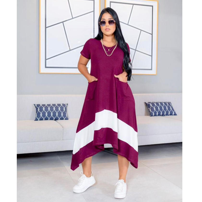 Vestido Pontas Bicolor Manga Curta Midi Feminino Moda Conforto em Oferta na Shopee