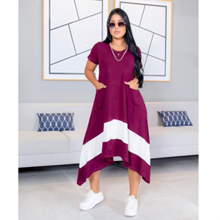 Vestido Pontas Bicolor Manga Curta Midi Feminino Moda Conforto em Oferta na Shopee
