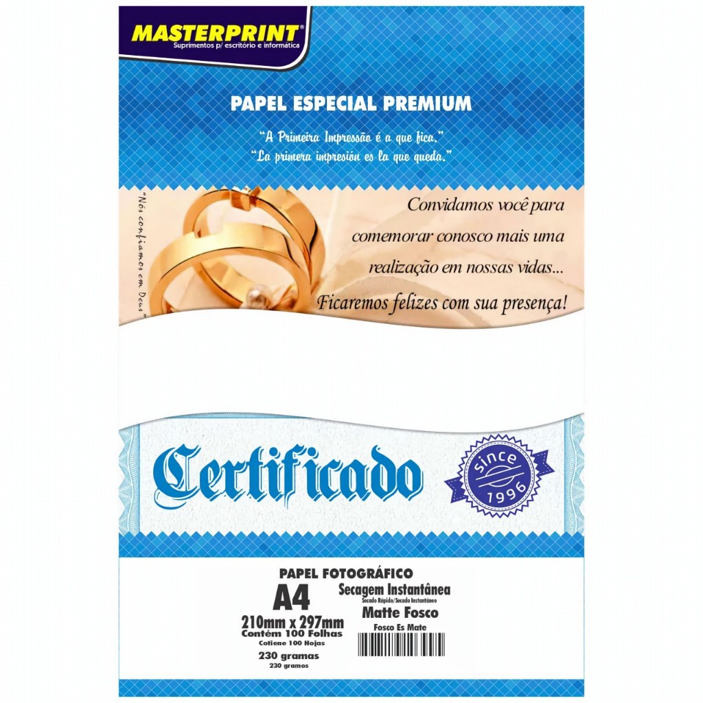 Papel Fotográfico Especial Matte 230g A4 Branco Fosco Com 100 Folhas - MASTERPRINT