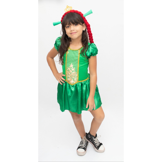 Fantasia Princesa Fiona Vestido Collant Infantil Feminino Shrek Carnaval Halloween Festa Mesversario