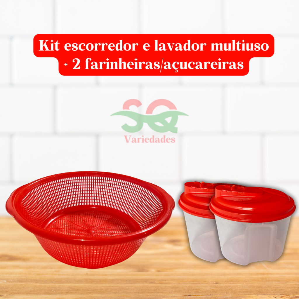 Kit Escorredor de  Arroz Coador Lava Tudo + 1 Farinheiro 1 Açucareiro 650Ml Plástico Atóxico