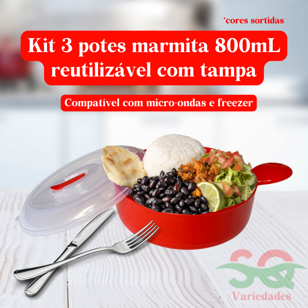 Kit 3 Prato Marmita de 800mL Com Tampa de Segurança Para Freezer e Micro Ondas de Plástico Atóxico