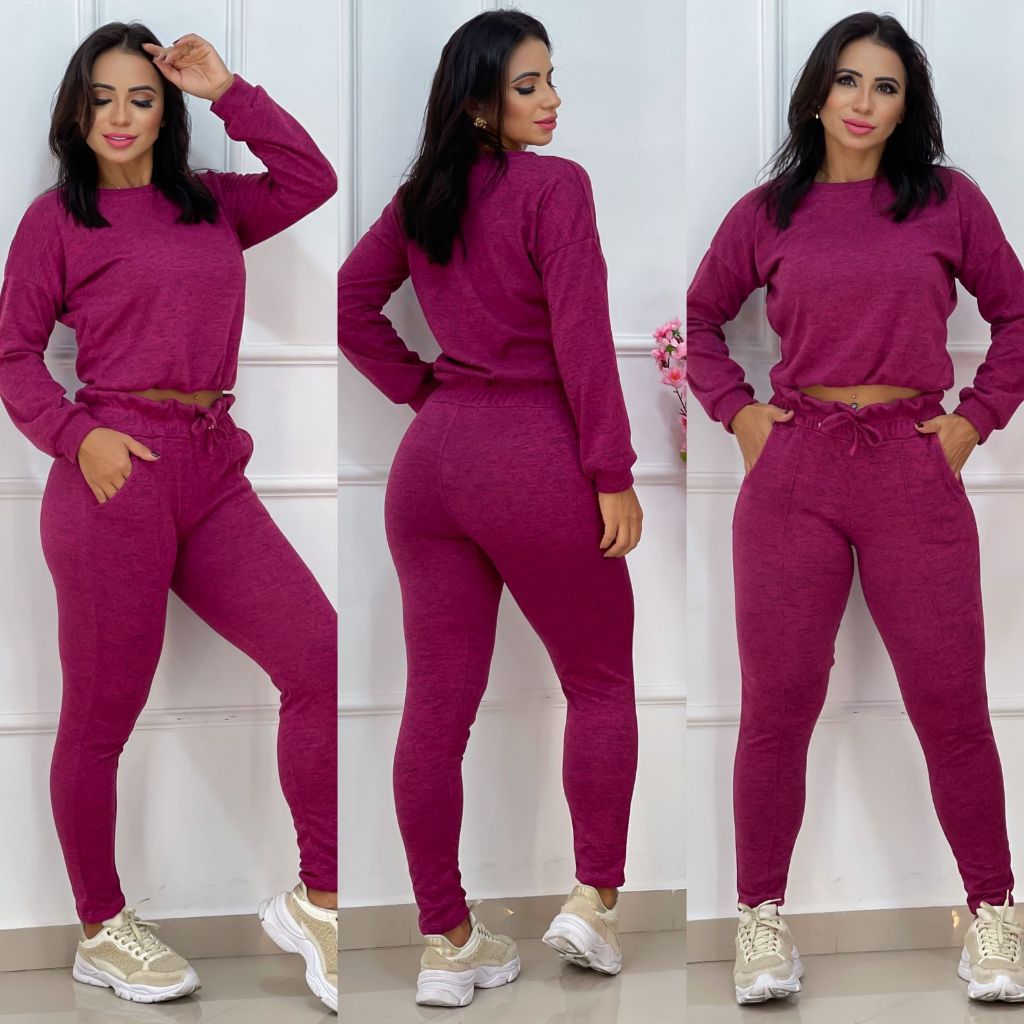 Conjunto Feminino Inverno Cropped Manga Longa E Calça Lãnzinha em Oferta na Shopee