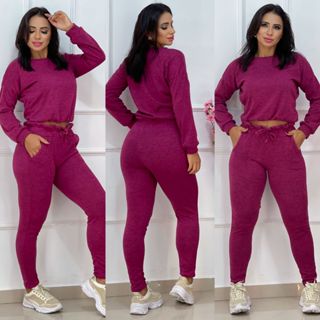 Conjunto Feminino Inverno Cropped Manga Longa E Calça Lãnzinha em Oferta na Shopee