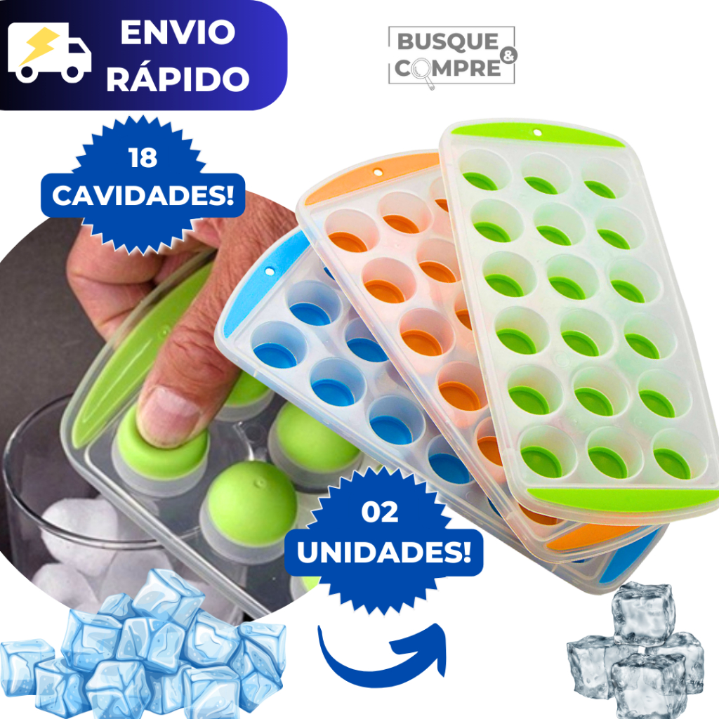 Kit 2 Formas para Gelo de Silicone Forma Dobrável 18 Cavidades Colorida Retangular Flexível Forminha