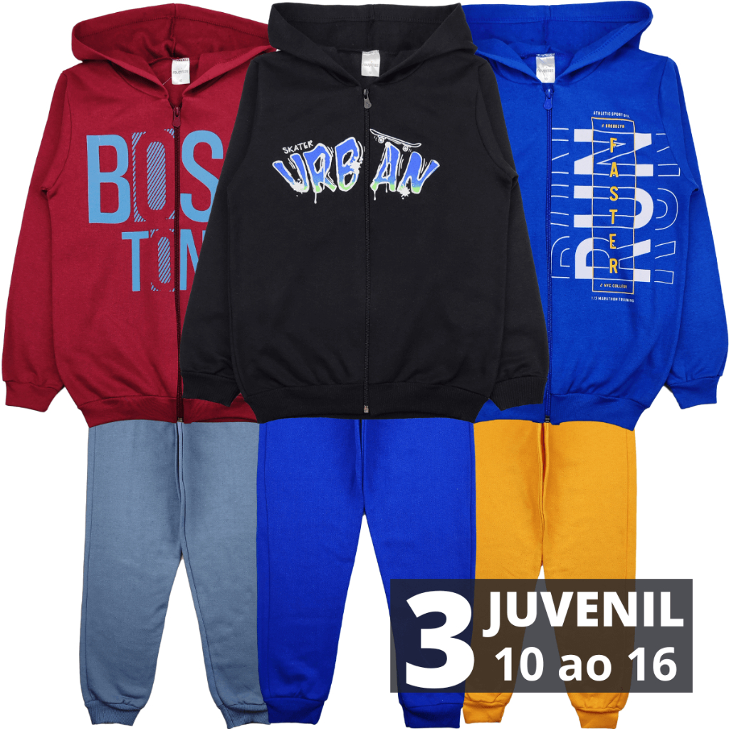 3 Conjunto Infantil Inverno Masculino Moletom Juvenil Tamanho 10 a 14 Anos
