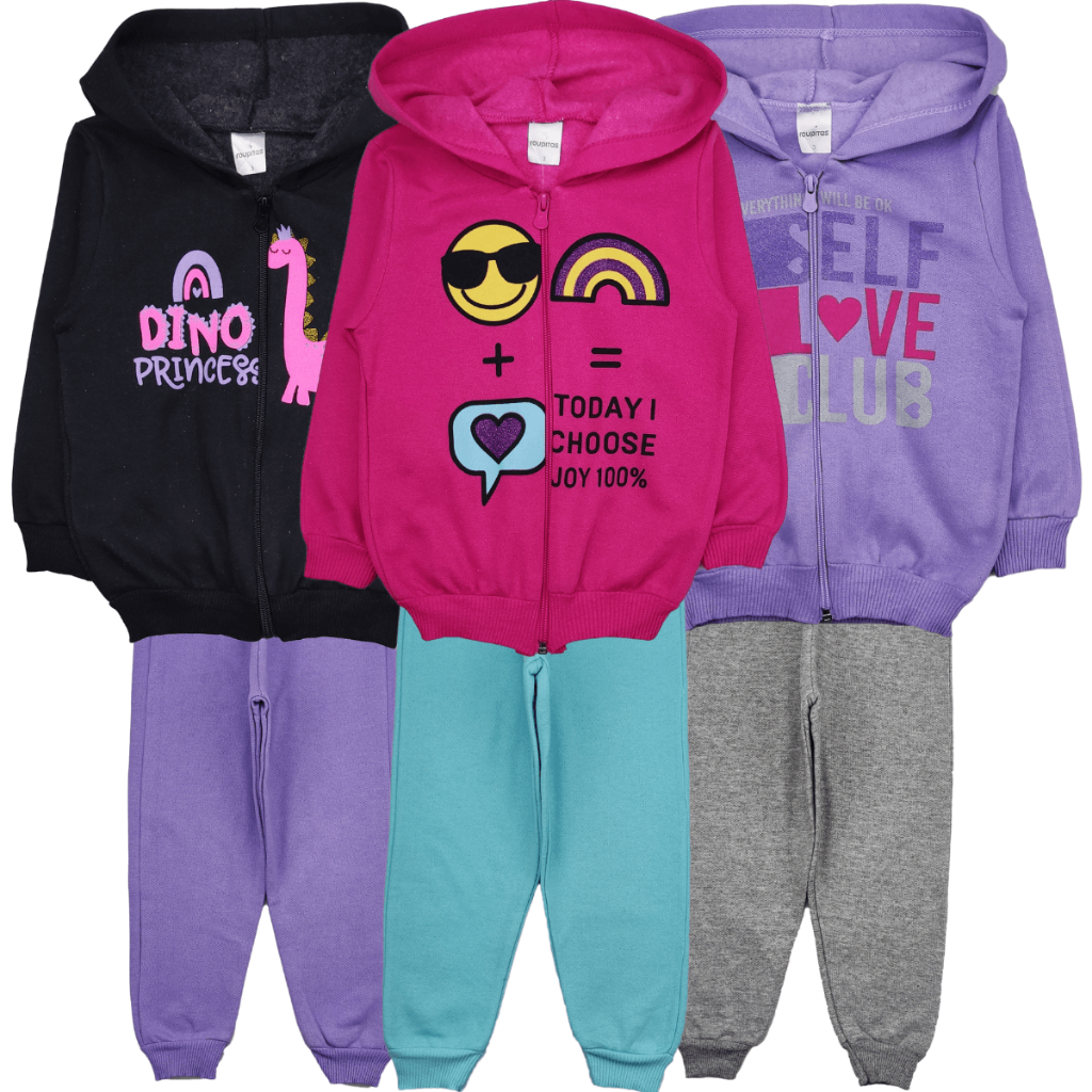 Kit 6 peças Roupa Infantil Inverno Conjunto Menina 3 Blusas Capuz + 3 Calças Moletom
