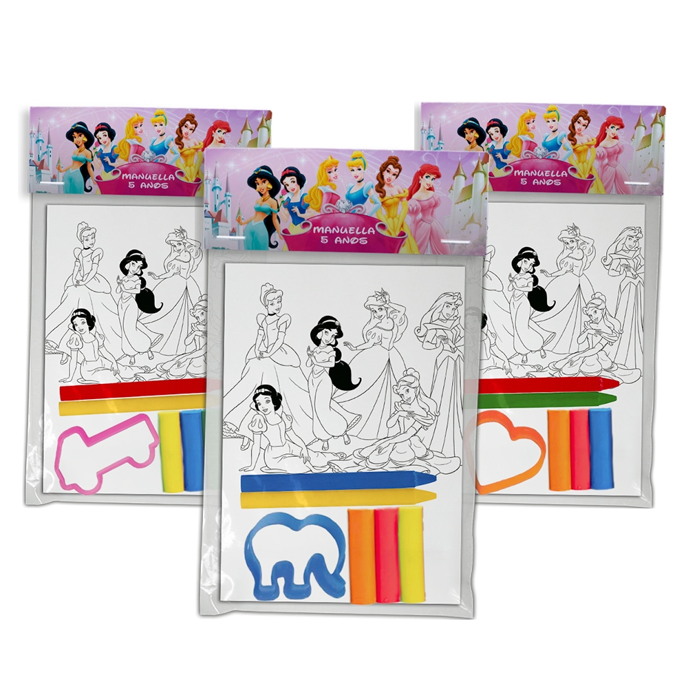 Kit Colorir Premium Personalizado Princesas Disney 4 Pg + Giz + Massinha + Molde Festa Infantil em Oferta na Shopee