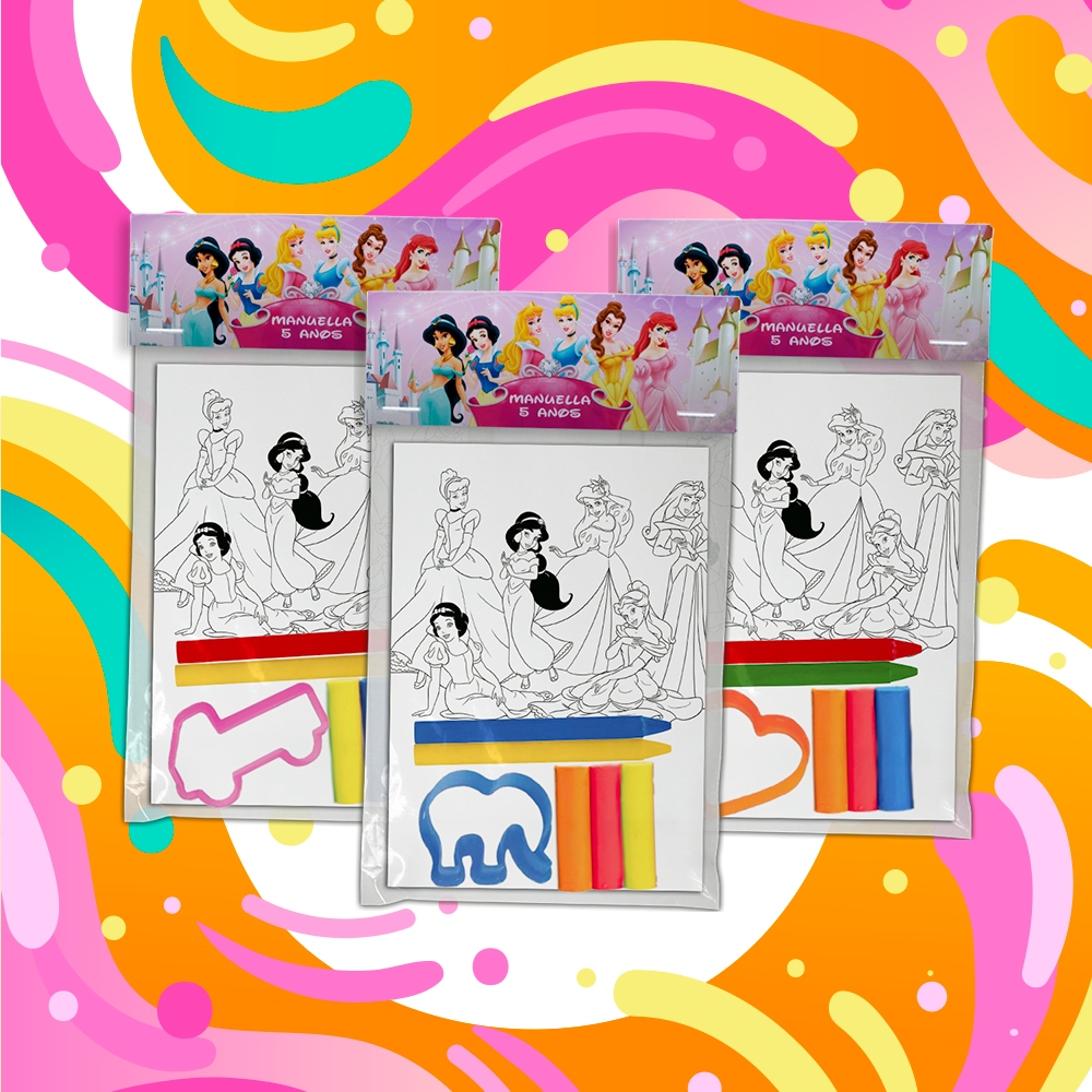 Kit Para Colorir Premium Princesas Disney Personalizado Festa Infantil + Kit Massinha + Giz