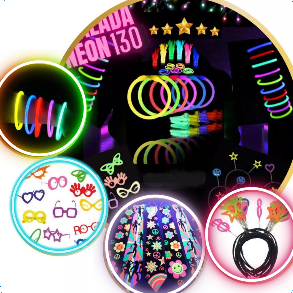 Kit Balada Neon 130 pcs Aderecos Casamento Formatura Festa Pulseira Oculos Tiara