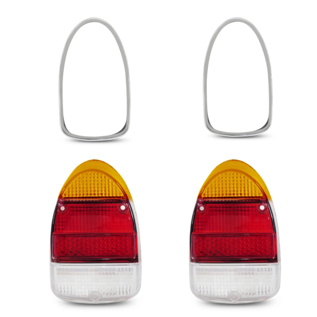 PAR DE LENTES TRASEIRA TRICOLOR COM ARO CROMADO FUSCA 1300L FUSCA 1500 FUSCÃO 3 FUROS
