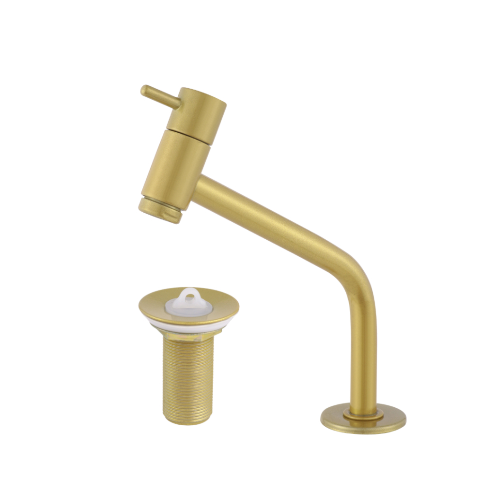Kit Torneira Bancada Link Baixa 45º+ Valvula Lavatorio 7/8 S/ Ladrão Dourado