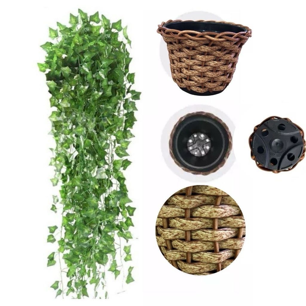 KIT 2 Vaso trançado + 4 Planta Pendurada Verde  Artificial Bambu Parede Varanda