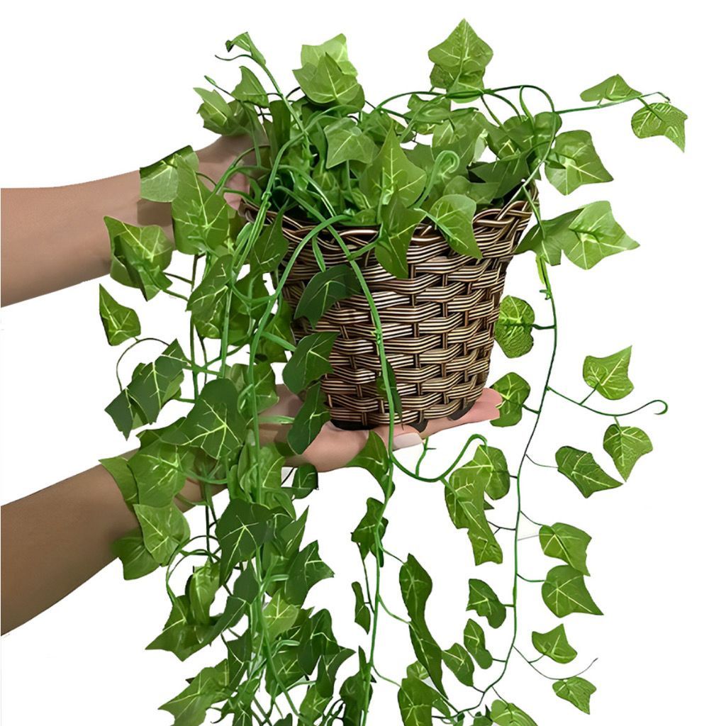 Vaso trançado + 3 Planta Pendurada Verde  Artificial Bambu Parede Varanda