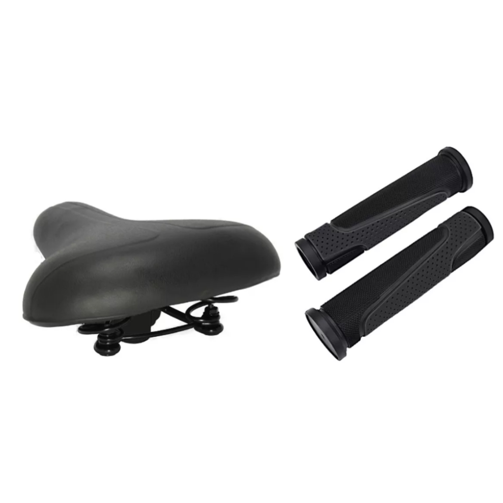 KIT BIKE CAIÇARA BEACH: SELIM 2 MOLAS PACO P/ BICICLETA CAIÇARA PRAIEIRA URBANA PASSEIO + PAR MANOPLAS DE BORRACHA GTA
