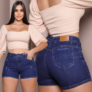 Short Jeans Feminino Azul Com Bolso Cintura Alta Barra em Oferta na Shopee