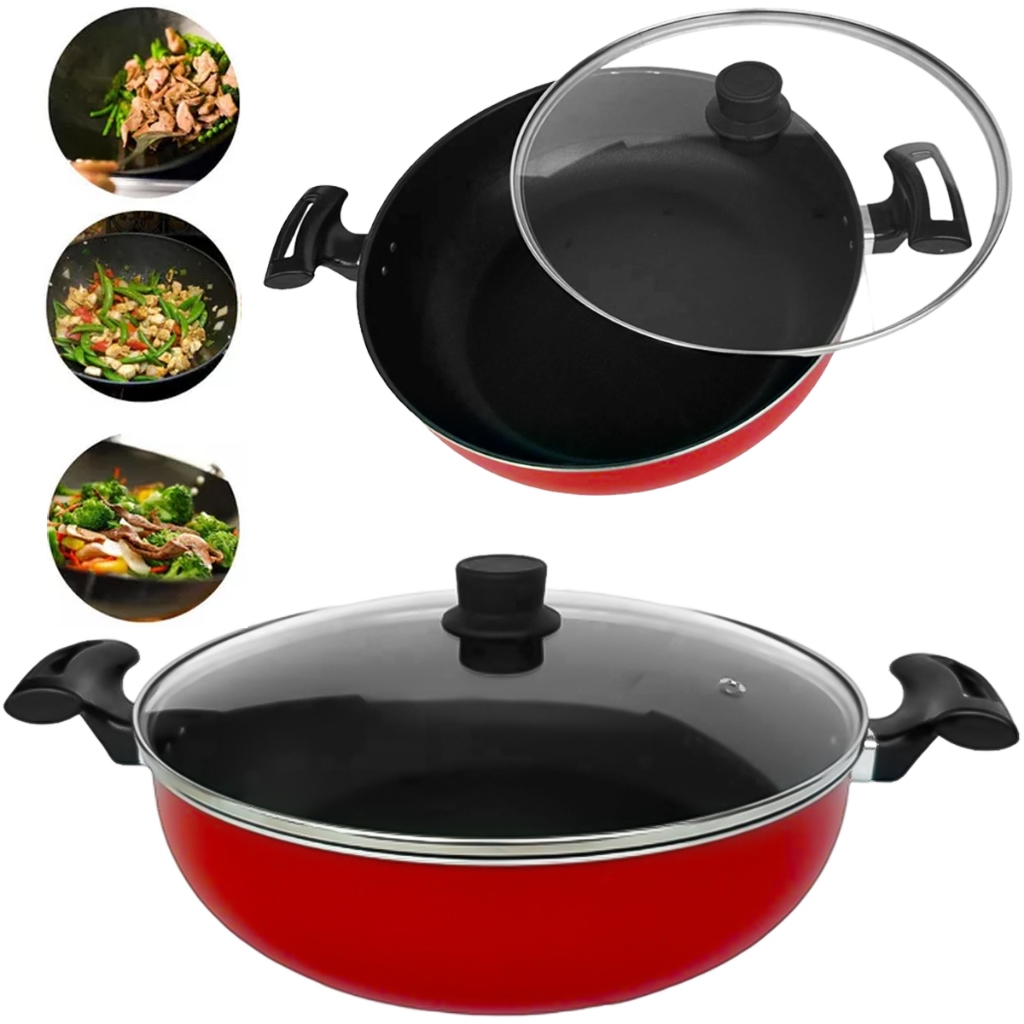 Frigideira Tampa de Vidro  Wok Grande Panela Antiaderente Funda Grande Aluminio Carne Yakisoba