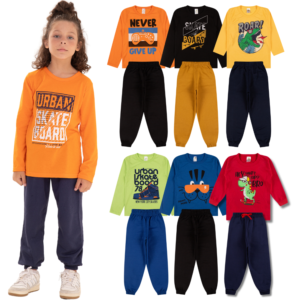 Kit Sortido 6 Peças de Roupas Masculino Infantil Inverno Meia Estação – 3 camisas manga longa + 3 calças de Moletom em Oferta na Shopee