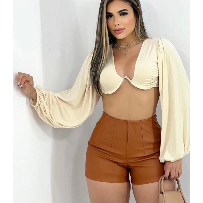 Short Feminino Modelo Zara Short Courino Cintura Alta Feminino Tendencia Moda Blogueira