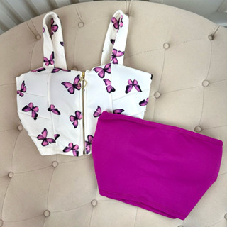 Kit 2 Cropped Top Borboleta Faixa Neoprene Bojo Lindo Blogueira