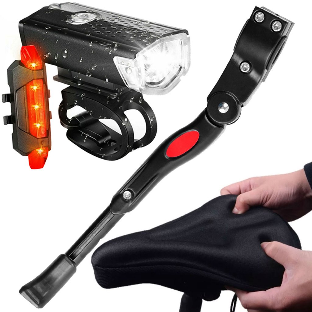 Farol Bike Luz 300 Lumens Sinalizador Traseira Recarregável + Capa de Banco Selim Silicone Gel + Pezinho Descanso Para Bike Lateral Com Regulagem 20 Até 29