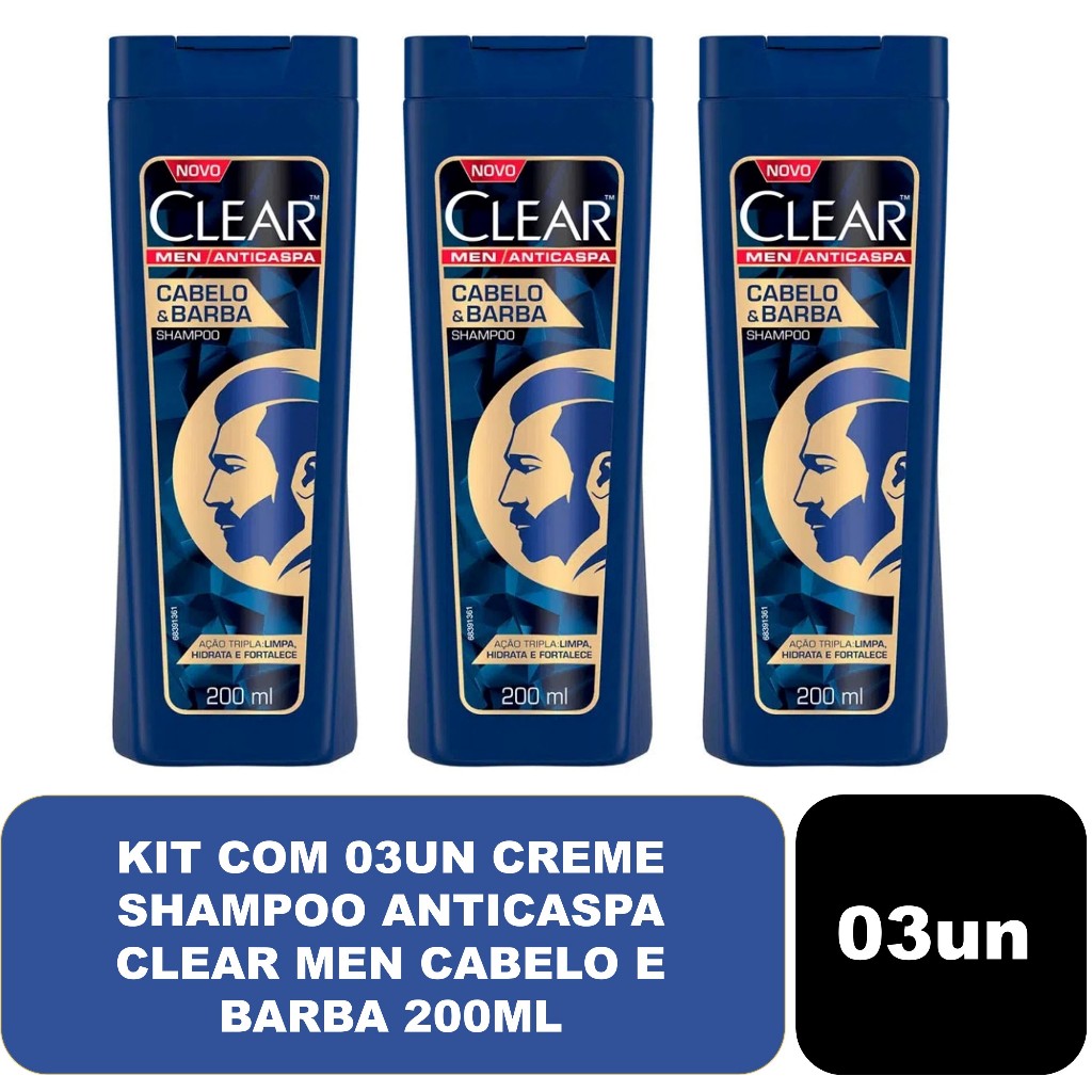 Kit com 03un Shampoo Anticaspa Clear Men Cabelo e Barba 200ml