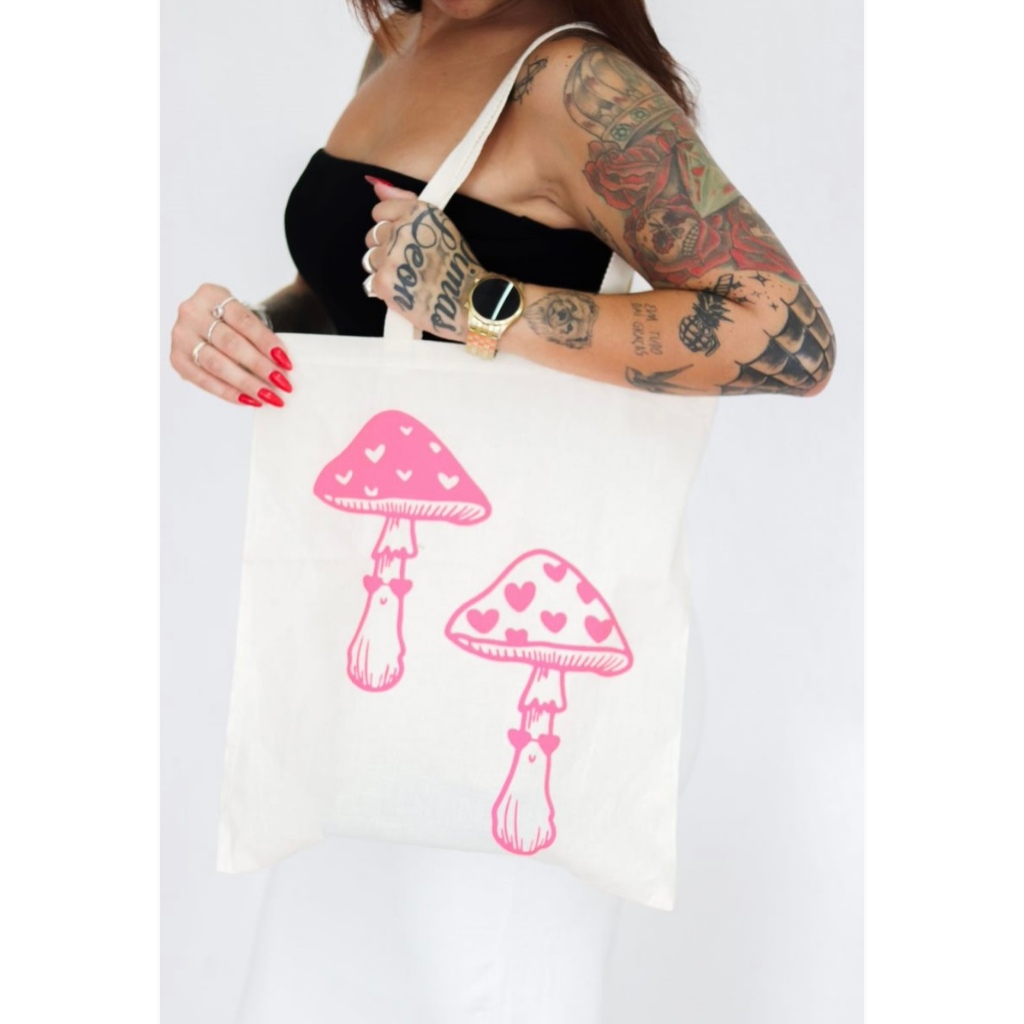 Ecobag cogumelo rosa sacola ecológica,escola,faculdade, curso,personalizado,brinde,praia,moda,brinde,lembrancinha