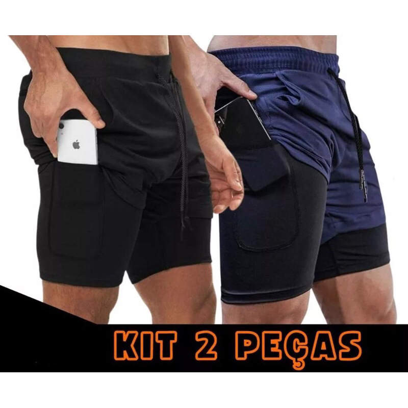 Kit 2 Short Academia DryFit Short 2 em 1 Bermuda Academia Masculina Treino Elastano