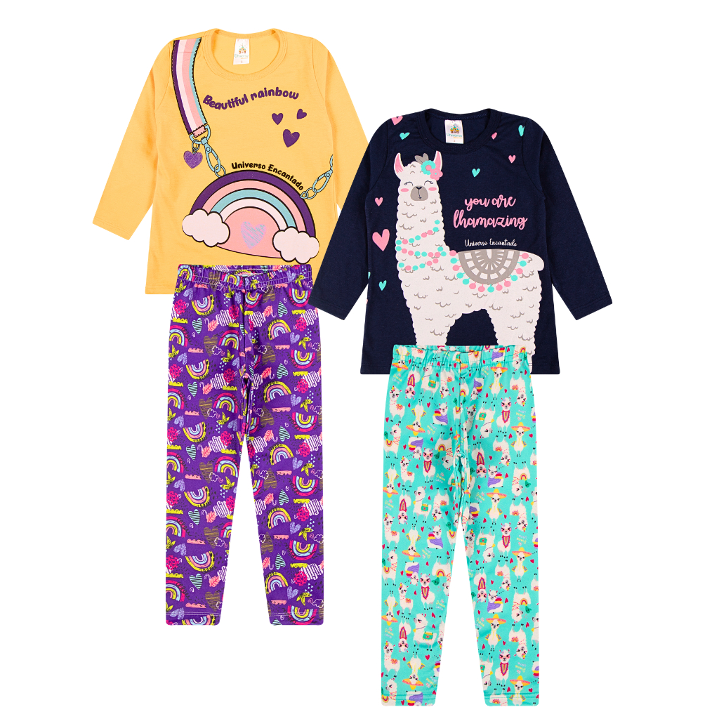 Detalhes do Kit Sortido 4 Peças de Roupas Feminino Infantil Inverno e meia estação – 2 camisas manga longa + 2 calças legging