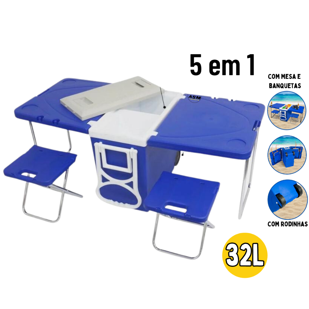 Cooler Multifuncional 5 em 1 Super Térmico com duas mesas integradas e dois banco 32 litros tres modelos Caixa Termica