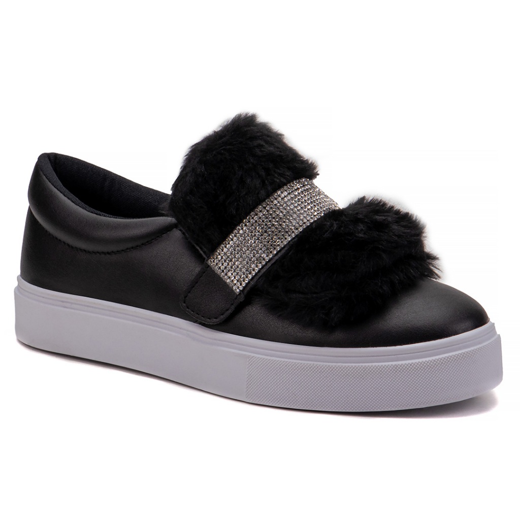 Tênis Feminino Slip On Facil de Calçar Confortável Leve Original Pelinho Strass Brilho