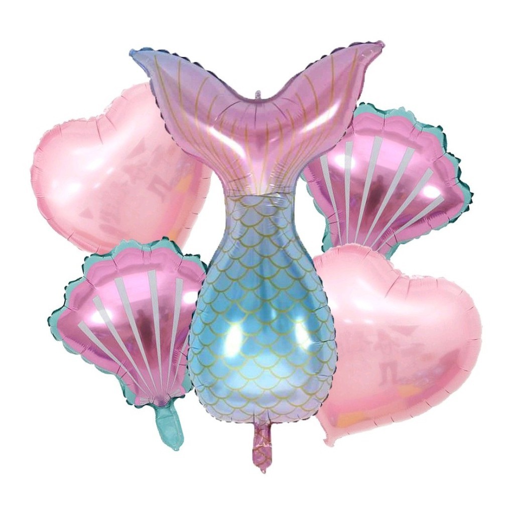 Kit c/ 5 Balão Metalizado Rabo Sereia Cauda + 2 Coração Rosa 45cm + 2 Concha 45cm Festa Decoração