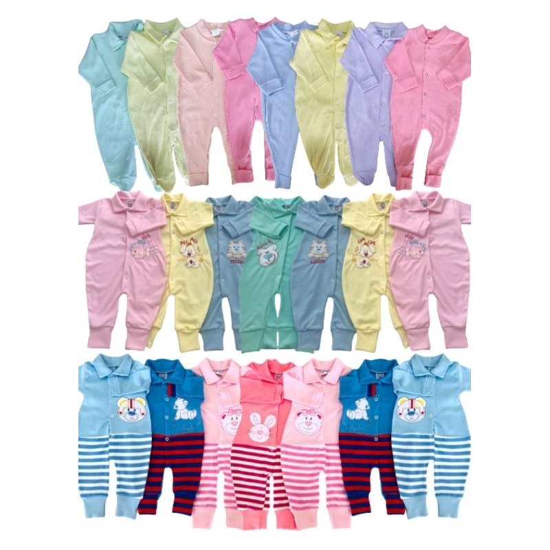 Kit c/3 Macacão Barato Suedine vira pé c/ Bordado ou Liso 100% Algodão Enxoval Bebê