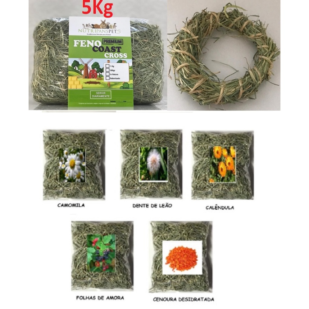 5kg Feno Coast Cross Premium 1 kit verão 1 Guirlanda Nutripanspets em Oferta na Shopee