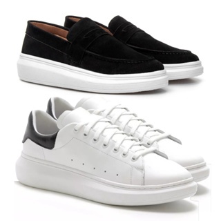 2 Tenis Sneakers Masculinos Loafer Casual All White e Black Branco Sola Alta em Couro