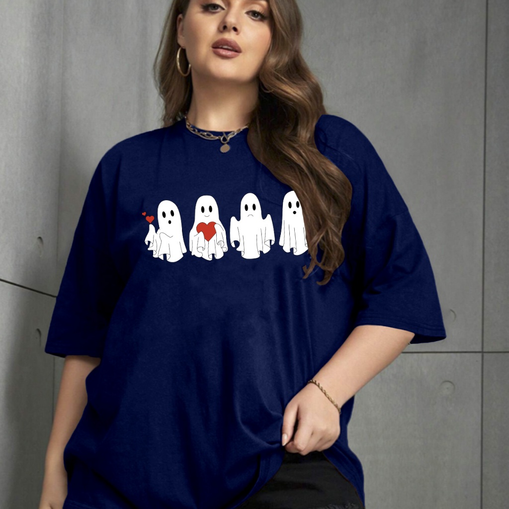 T Shirt Feminina Azul Marinho Fashion Oversized Camiseta Básica Personalizada Estampa Fantasma Old