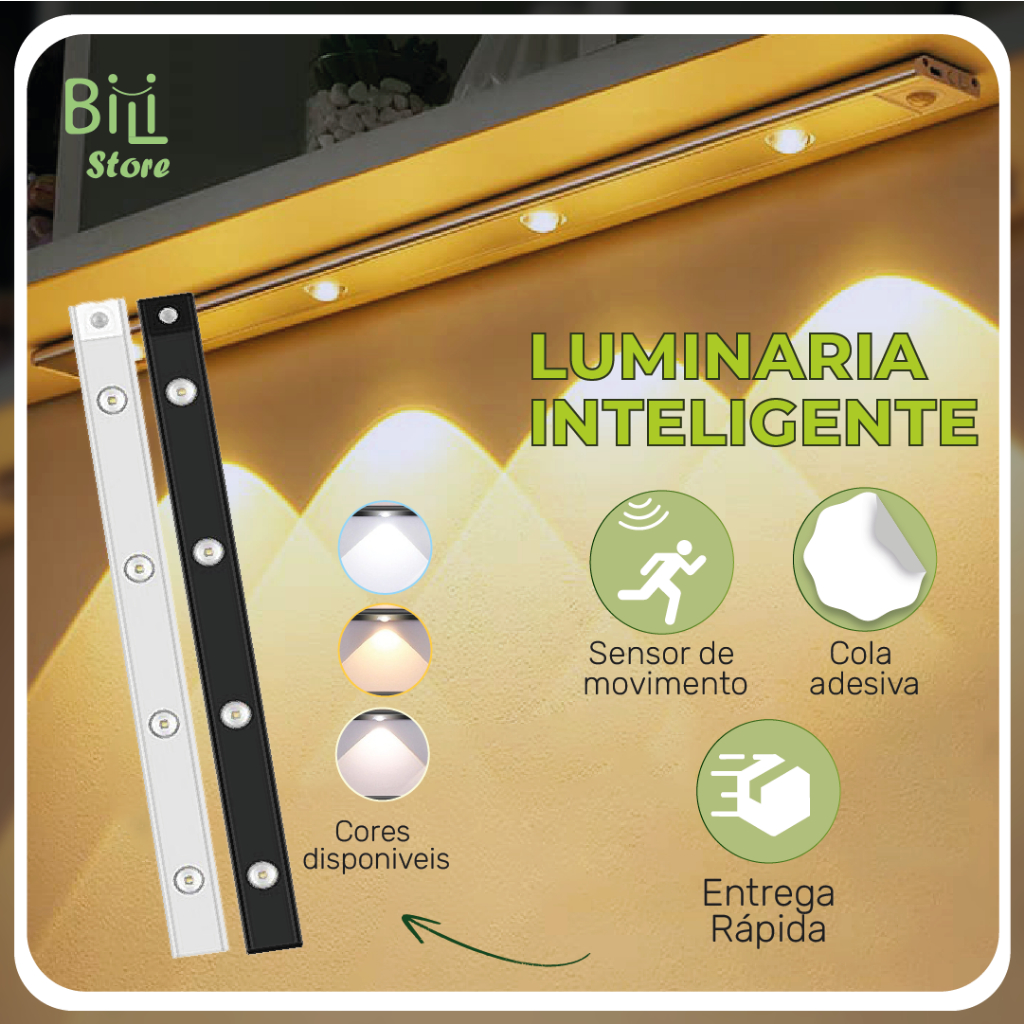 Smart Luminária Inteligente Ultra LED com sensor de movimento sem fio e Recarregável USB fino barra 20/40/60cm em Oferta na Shopee