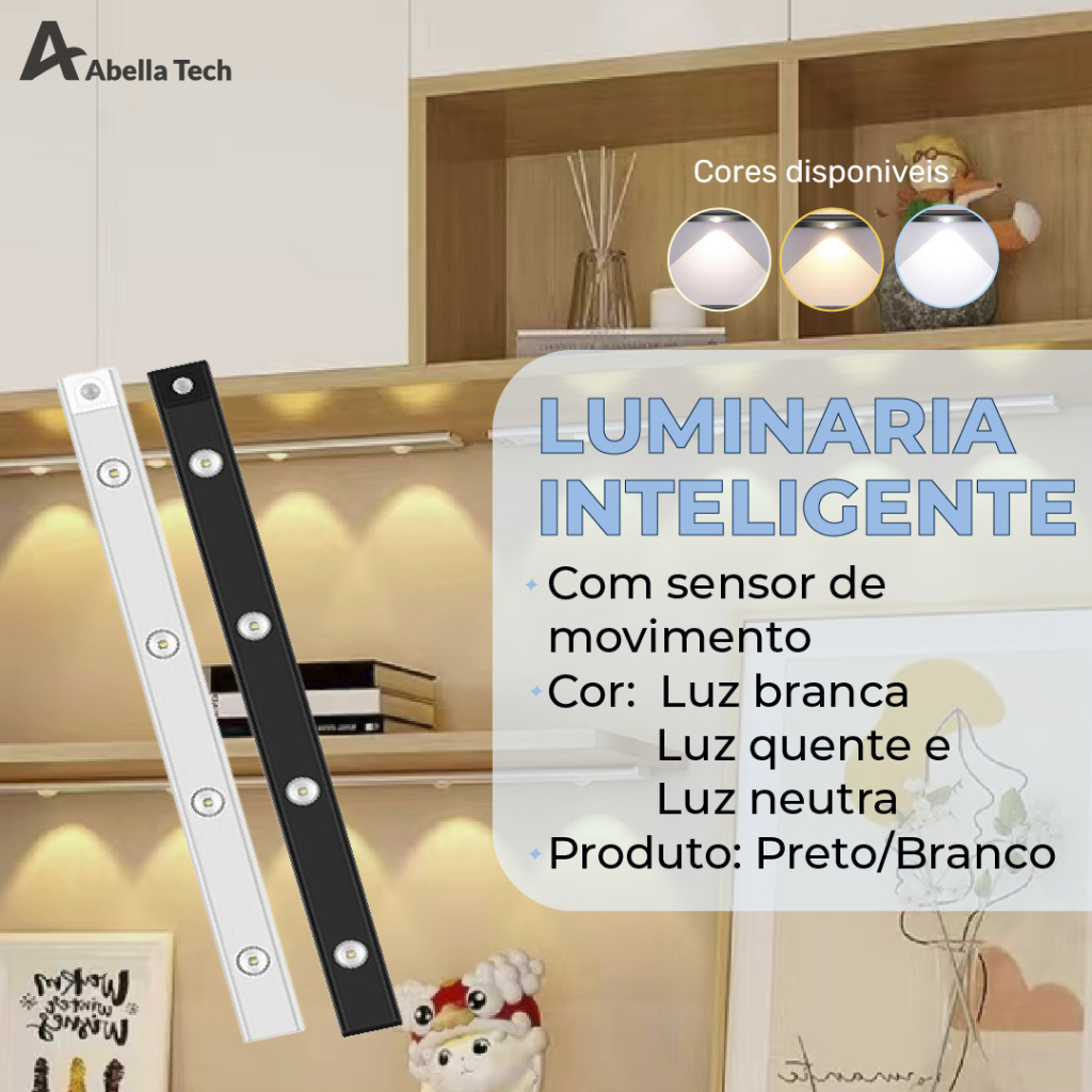 Smart Luminária Inteligente Ultra LED com sensor de movimento sem fio e Recarregável USB fino barra 20/40/60cm