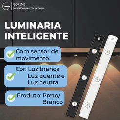 Smart Luminária LED Inteligente com Sensor de Movimento, Recarregável USB, Fina, 20/40/60cm, 3 Módulos