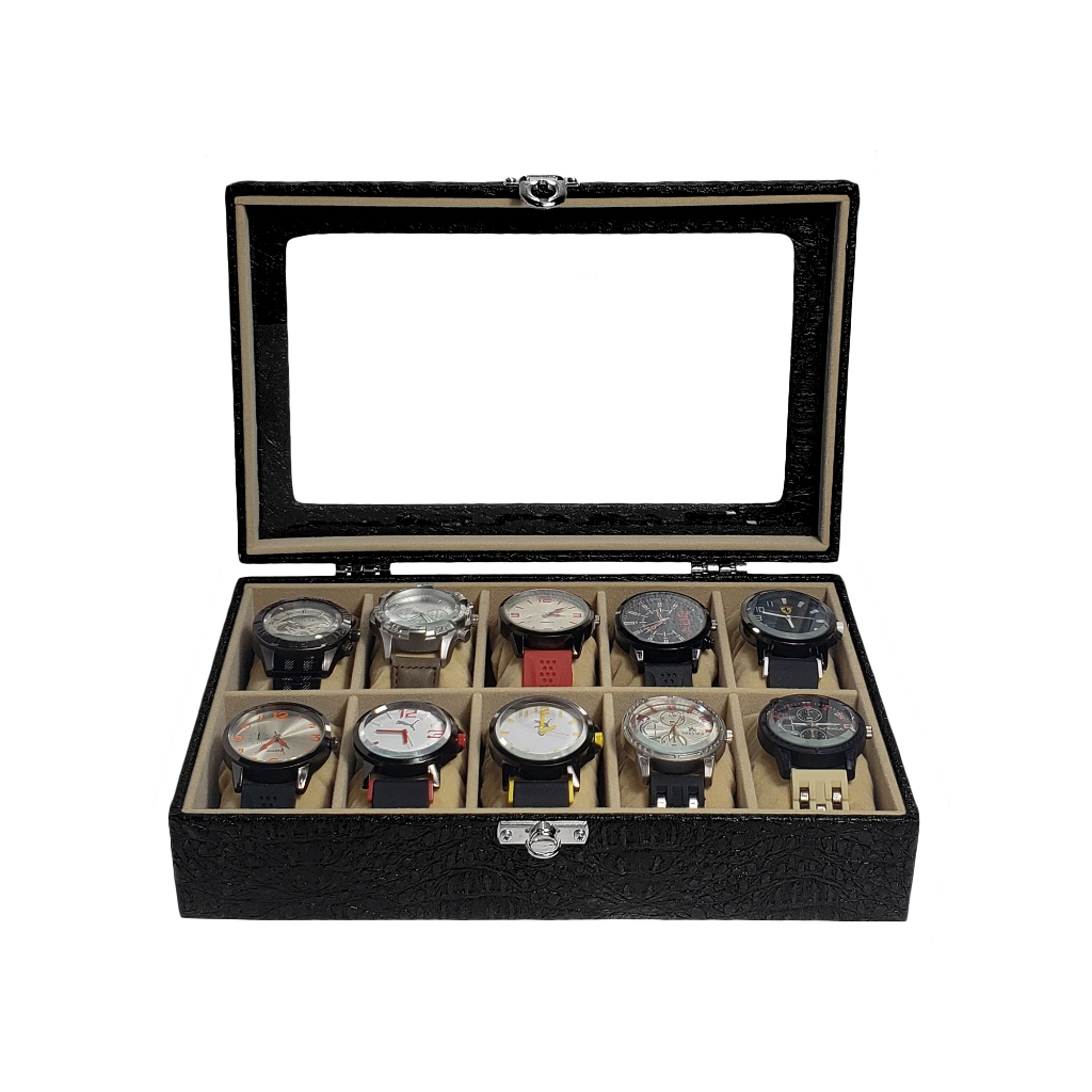 Estojo Maleta Para 10 Relógios Com Vidro cor Preto Com Interno Aveludado Bege
