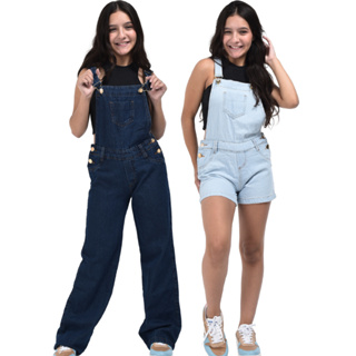 Combo Jardineira calça + macaquinho short jeans meninas infantil juvenil com bolso em Oferta na Shopee