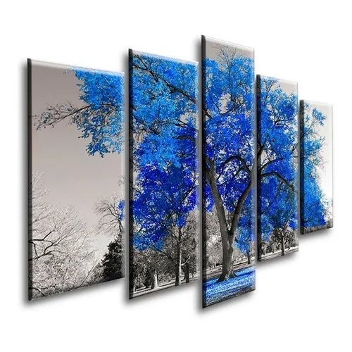 Quadro Decorativo Mosaico 5 Peças Paisagem Árvore Ipê Azul Sala Quarto